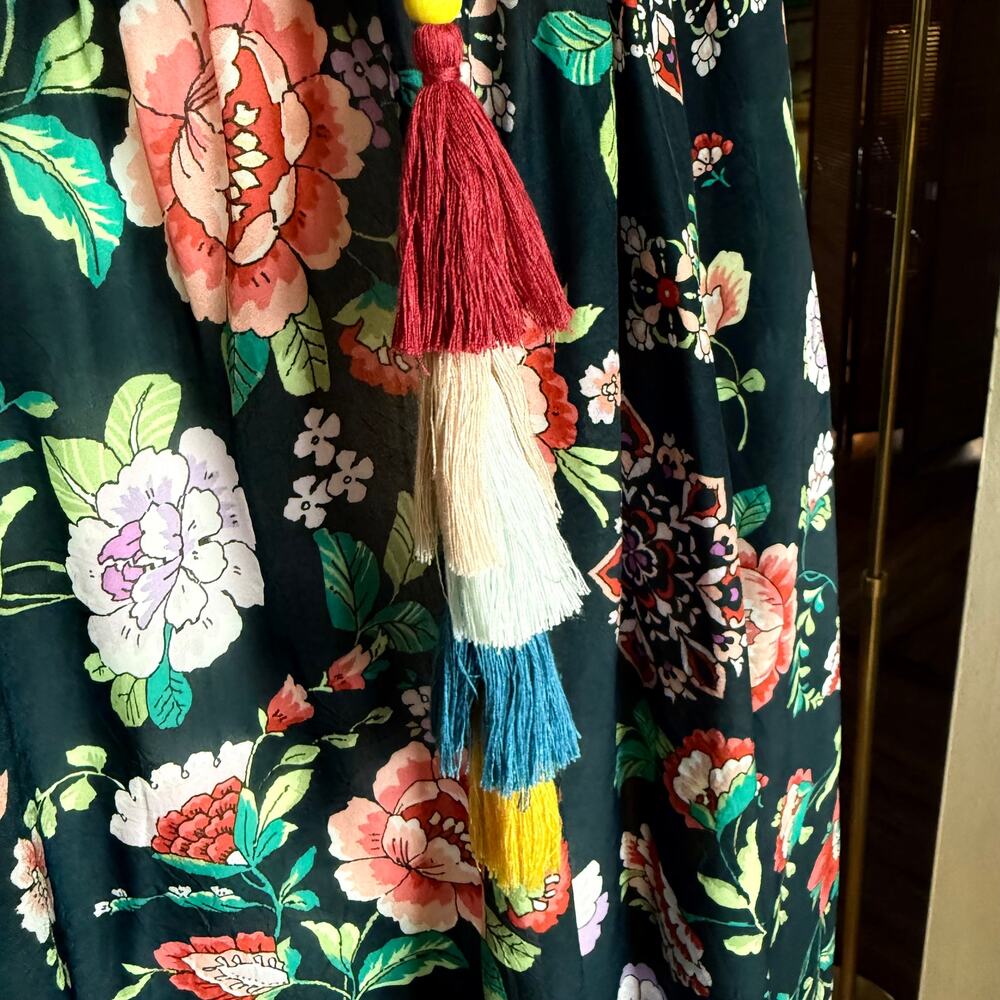 Johnny Was Floral Peasant Blouse Large Boho Tassel Tie Rayon Top Embellished - Picture 7 of 10